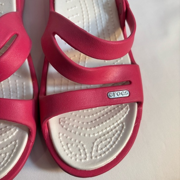 CROCS Sz 9 Straps Slip On Wedge Pink Sandals Slides - Picture 6 of 11